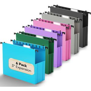Plastic Expandable Hanging File Folder Letter Size,Heavy Duty 3 Inch Expansion,6 Pack Extra Capacity Hanging Folders,Accordian Pocket,Adjustable Tabs,Hanging Organizer for Bulky Files-Colored