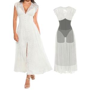 Popilush Wedding Dresses for Bride Lace Sleeveless V Neck Maxi Shapewear Cocktail Dress Split Beach Bride Dresses White,  L