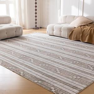 Area Rug 6x9 Washable Rug Taupe Stripes Vintage Traditional Floor Cover Foldable Thin Retro Accent Indoor Distressed Non Slip Carpet Floral Print Mat Bedroom Living Room Bathroom