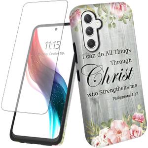 for Samsung Galaxy S25 5G Phone Case with Screen Protector Bible Verse Philippians 4-13 Design Women Men Hybrid Dual Layer Hard PC Shell Soft TPU Silicone Wireless Charging Shockproof Protective Cover
