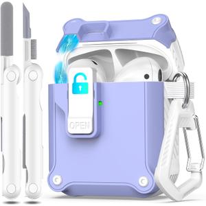 R-fun Compatible with AirPods 2nd Generation 2019,1st Gen 2016 Charging Case Cover, Full Drop Protection Auto Pop-Up Lid Compatible with Airpods Case with Cleaner Kit & Keychain,White/Lavender
