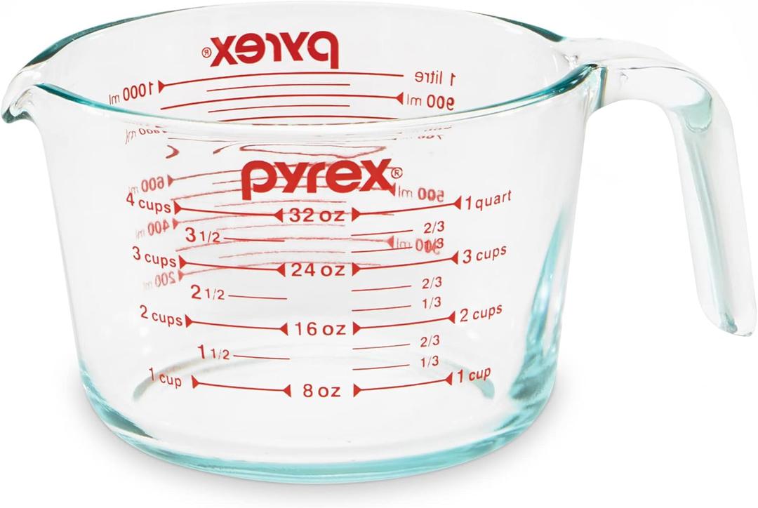 Pyrex 4-Cup Glass Measuring Cup For Baking and Cooking, Dishwasher, Freezer, Microwave, and Preheated Oven Safe, Essential Kitchen Tools