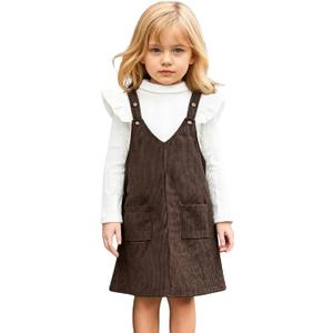 6T Toddler Little Girl V Neck Corduroy Pinafore Overall Jumper Dress Turtleneck Long Sleeve T-Shirt and Knee-Length Dresses Set 2 Pieces Fall Winter Outfits Size 6 Spring Clothes, 6-7 Years, Coffee