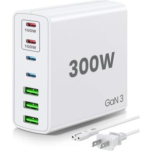 USB C 300W Fast Charging Station  7-Port Hub with Dual 100W PD Ports for MacBook Pro, Dell, HP, iPad, iPhone, Samsung Galaxy, Android Devices  Universal Power Adapter for Laptops, Tablets, Phones (White)