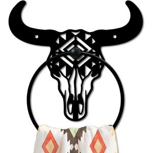 MAYJOYDIY Bull Skull Metal Towel Ring Western Cow Skull Towel Holder Country Western Style Wall Decor Towel Hanger Black Art Towel Rack Wall Mounted for Bathroom Kitchen Home Decors Gift