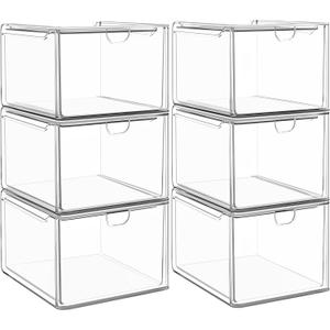 caktraie 6 Pack Small Stackable Stroage Drawers, Acrylic Bathroom Makeup Organizer, Plastic Storage Bins For Vanity, Undersink, Kitchen Cabinets, Pantry, Home Organization