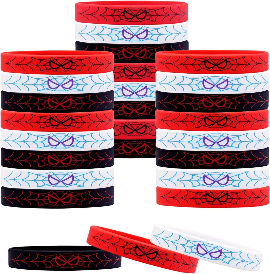 24Pcs Spider Silicone Wristbands Bracelets hero Spider Party Decorations Supplies for Spider Theme Boys Girl Birthday Party Favors (Black Red and White)