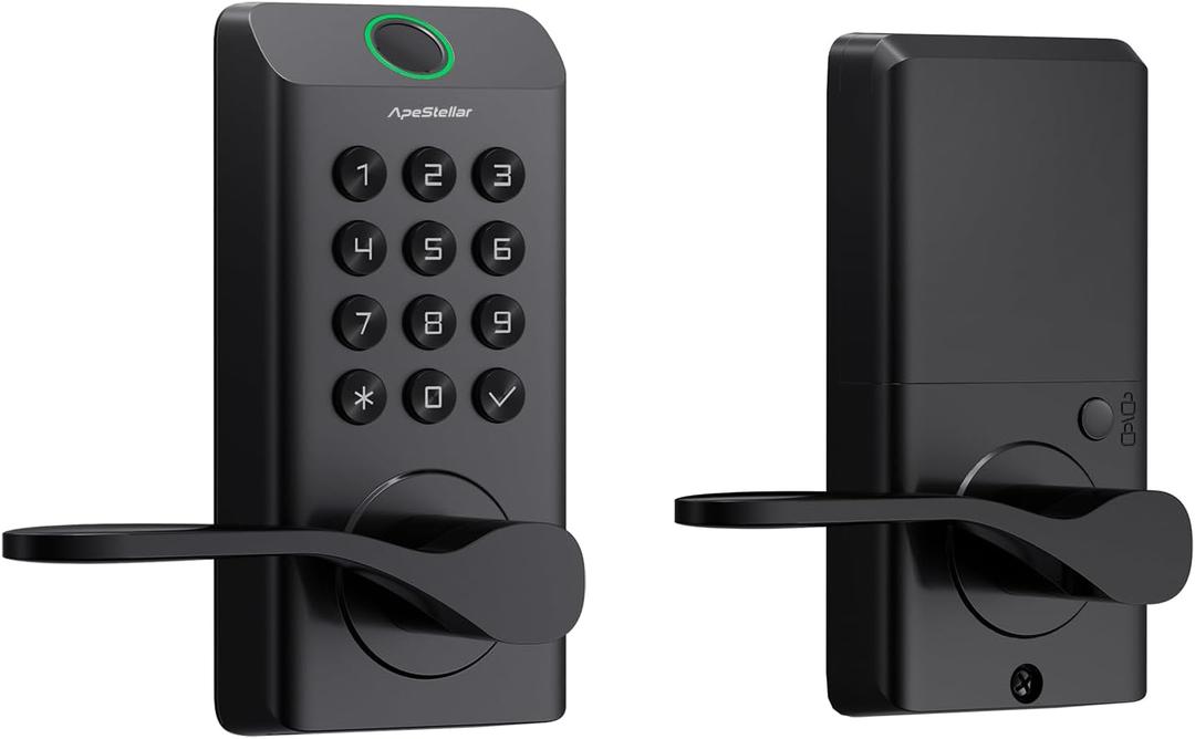 Fingerprint Keyless Entry Door Lock, Biometric Door Knob with Handle, Keypad Digital Code Lock for Front Door, Superior Durability & Voice Guidance, Matte Black