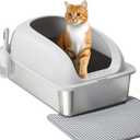 OLIXIS Stainless Steel Cat Litter Box with Lid, Large Cat Litter Box for Big Cats, High Wall Sides, Anti-Urine Leakage, Easy Cleaning, Scoop and Mat Included, Light Gray