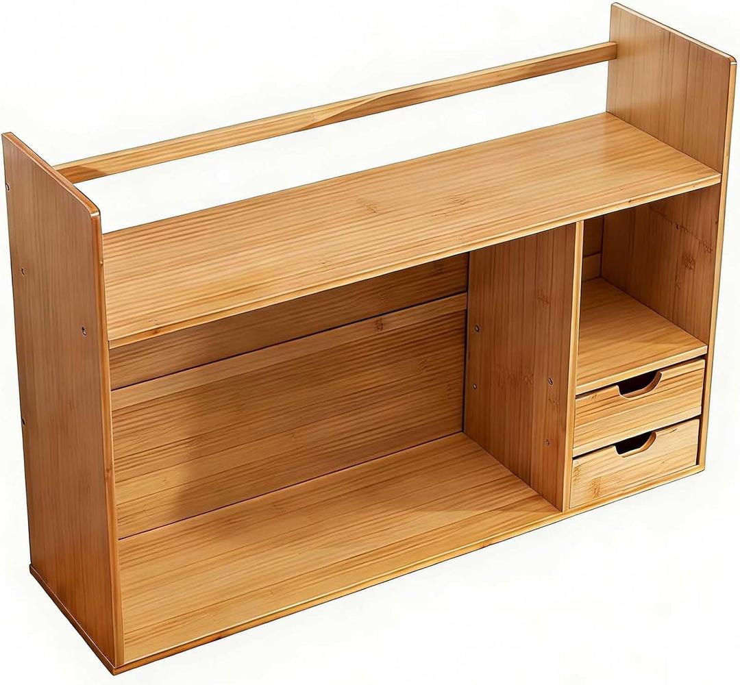 Bamboo Desktop Bookshelf with Drawers,2-Tier Desk Organizer Shelf,Small Desk Hutch with Storage for Office,Dorm,Bedroom,Home,Desk Top Bookshelf with Rounded Corners,22.8"x7.5"x18.1", 1 piece desktop storage rack