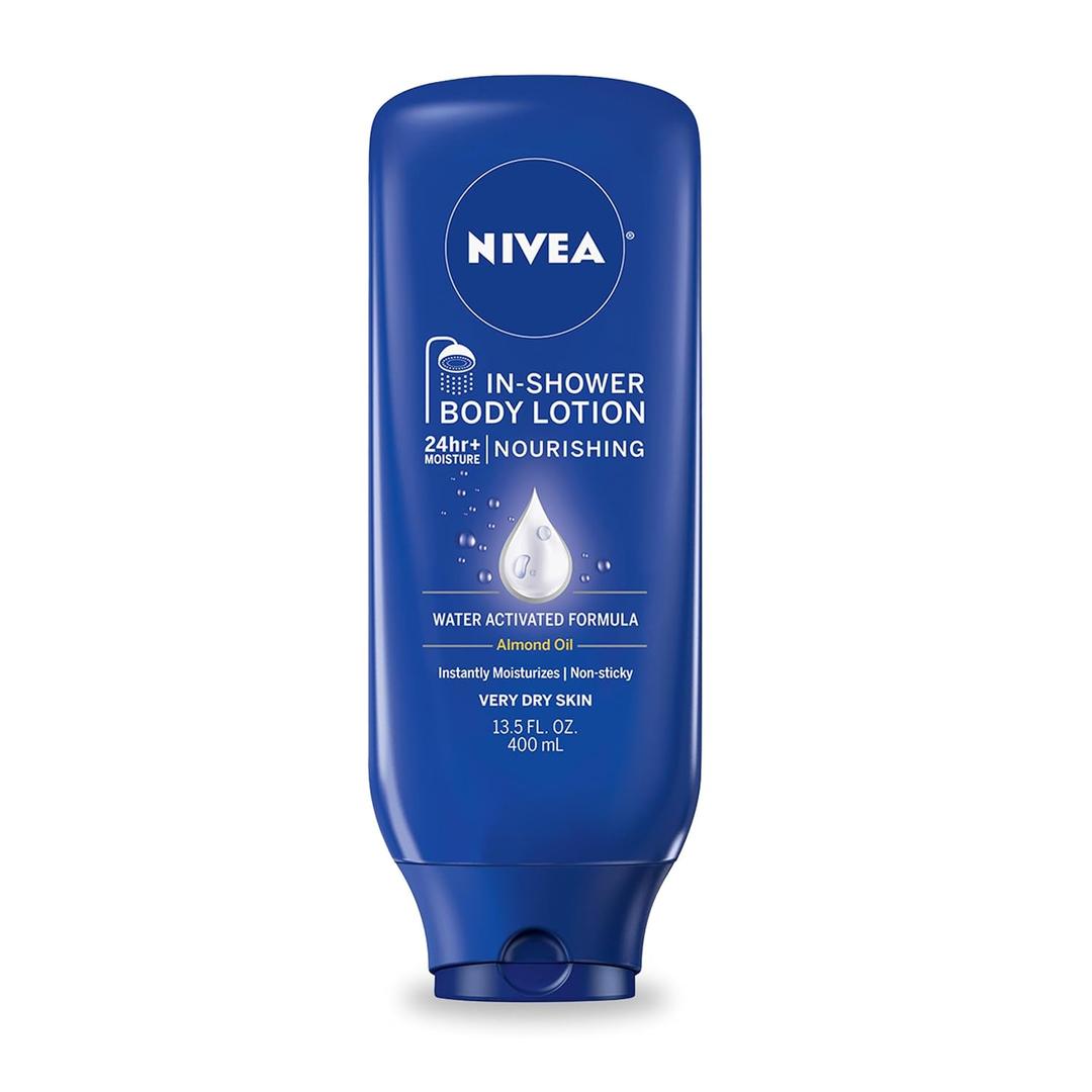 NIVEA Nourishing In Shower Lotion, Water Activated In Shower Moisturizer for Dry to Very Dry Skin, 13.5 FL OZ Bottle