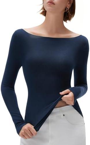SUUKSESS Cloud Cashmere Women Boat Neck Fitted Long Sleeve Shirt Basic Knit Tops, L, Dark Blue