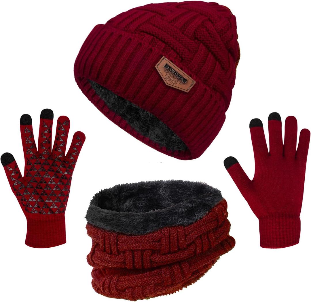 3-Pieces Winter Beanie Hat Scarf and Touch Screen Gloves Set Warm Knit Skull Cap for Men Women
