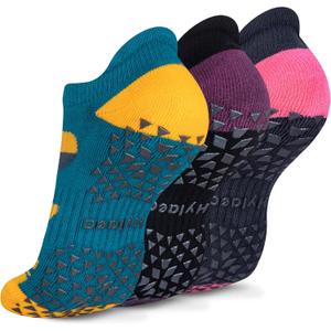 Hylaea Unisex Non Slip Socks with Grip for Yoga, Hospital, Pilates, Barre | Ankle, Cushioned (Small-Medium, 3 Pairs Yellow Blue Brown)