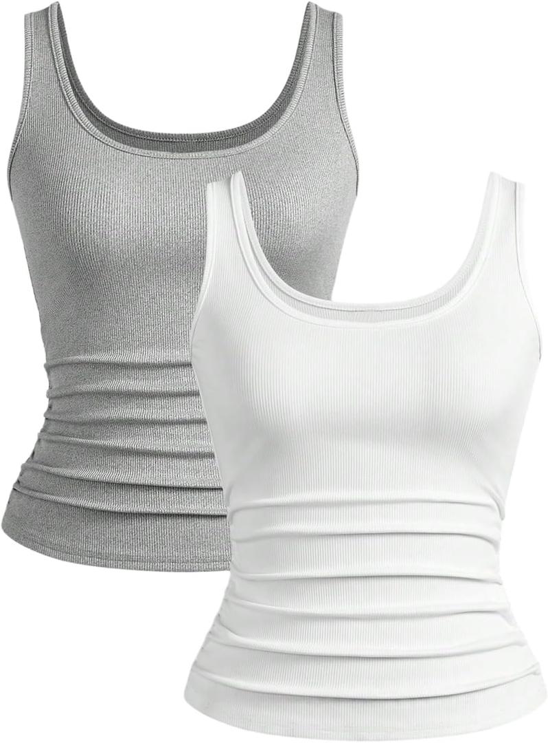 SOLY HUX Women's Basic Tank Tops 2 Packs Scoop Neck Sleeveless Ribbed Fitted Layer Shirts (White, S)