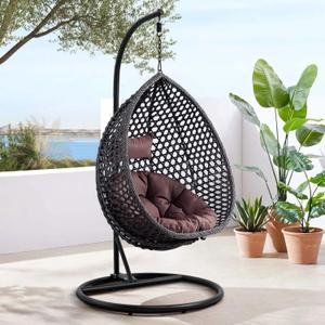 Hanging Egg Swing Chair with Stand, Rattan Wicker Hanging Egg Chair Hammock Indoor with Cushions, Swinging Chair for Bedroom Outdoor Patio Balcony Backyard Sunroom Heavy Duty 350LBS (Black)