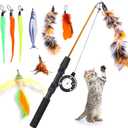 9 PCS Cat Fishing Pole Toy, Retractable Cat Feather Toys with Cat Wand Plush Fish Worm Feathers with Bells Catnip Interactive Cat Teaser Toys for Kitten Cat
