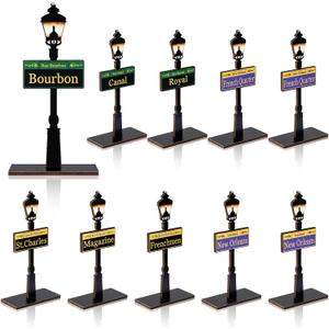 10 Pcs Mardi Gras Decorations Bourbon Street Signs New Orleans Lamp Post Centerpiece Wooden Mardi Gras Desktop Street Party Supplies for Carnival Theme Events Friend Birthday Party Decor