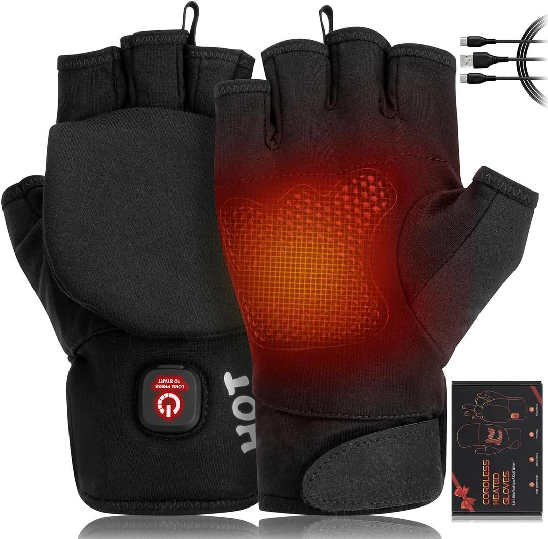 Heated Gloves for Men Women, Rechargeable Full & Half Hands Electric Gloves Heated Fingerless Touchscreen Gloves Heated Winter Hand Warmer for Work Cycling Skiing Outdoor Snow (Large)