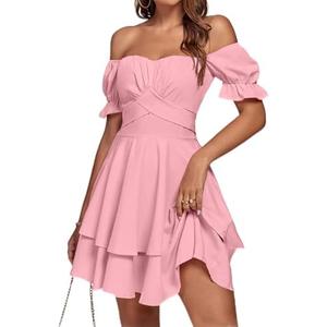 LYANER Women's Tie Back Off Shoulder Wrap Layer Ruffle Short Sleeve Mini Dress, Pink XX-Large
