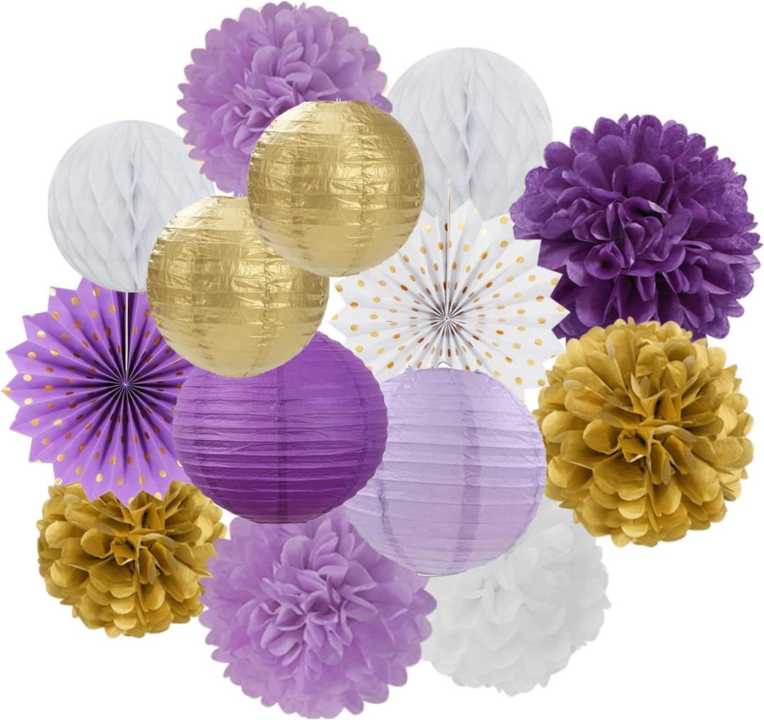 Purple-Gold Party Decorations Streamers Lanterns - 14pcs White Lavender Paper Fan Graduation Woman Birthday Wedding Bridal Shower Tissue Pom Poms,Honeycomb Balls Valentines day Decor Ouruola