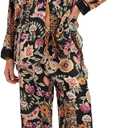 Women Satin Pajama Set Floral Silk Pajamas 2 Piece Lounge Sets Button Down Shirts Wide Leg Pants Pjs Sleepwear (Large)