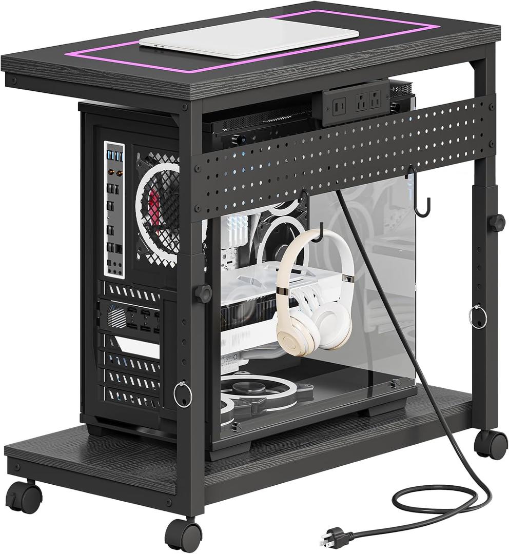 CHOEZON 31.5" Large Computer Tower Stand with Power Outlet, Under-Desk PC Cart with 2 Hooks, PC Stand with LED, Height Adjustable PC Tower Holder on Wheels, for Living Room, Office, Black TCJ51UDBB