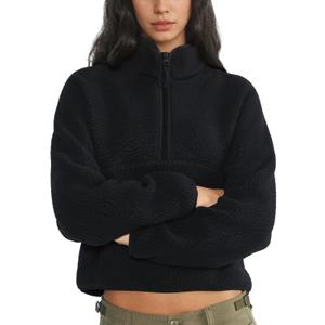 Fleece Sweatshirts for Women Cropped Long Sleeve Half Zip Pullover Sherpa Jacket Warm Fuzzy Coats with Pockets (Small, Black)