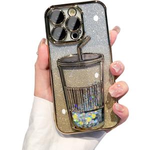 3D Bling Sparkle Plating Juice Bottle Designer Phone Case Compatible with iPhone 11 Pro Max, Cute Liquid Floating Gradient Glitter Quicksand Cup Phone Case with Camera Protection for Women - Gold
