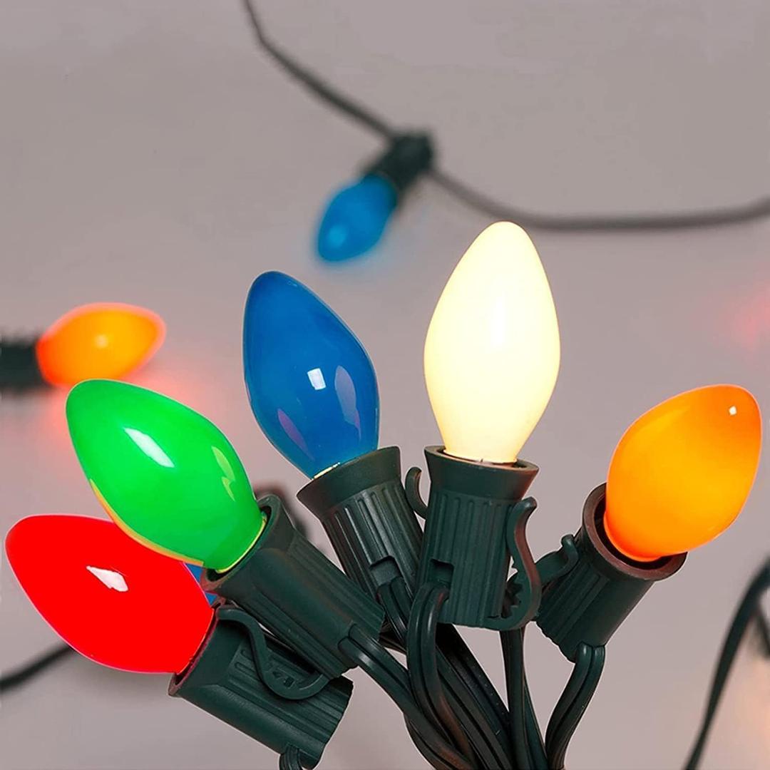 Abeja C7 LED Multicolor Christmas Lights, 25Ft Outdoor Christmas String Lights with 27 Shatterproof Bulbs, Green Wire Vintage Decor for Xmas Tree, Patio, Roofline, Garden, Party Indoor Outdoor