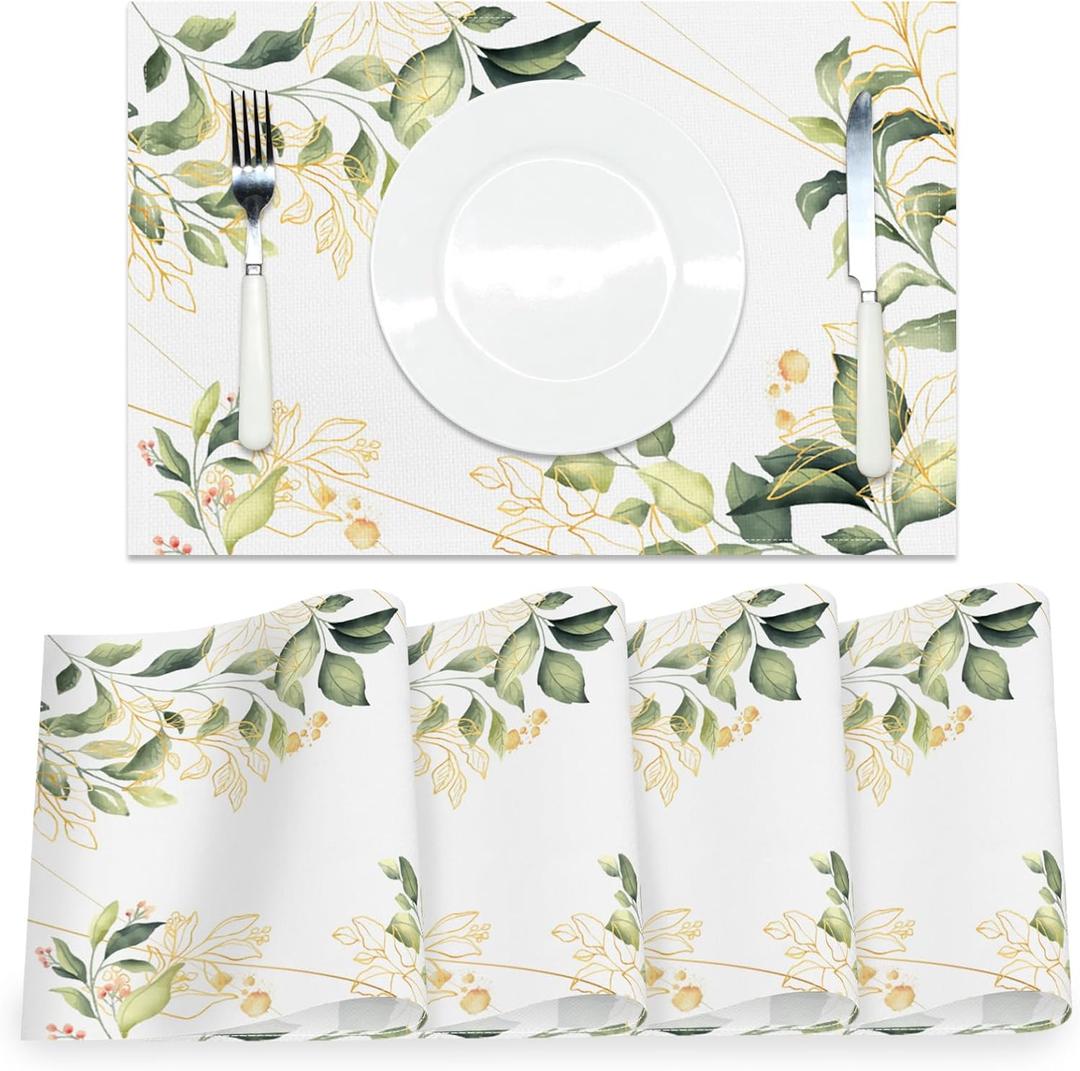 AOFOTO Leaves Placemats Set of 4 Artistic Green Gold Leaves Printed Place Mats Washable Rectangular Modern Table Mats for Party Home Kitchen Restaurant Dining Table Decor 12x18 Inch