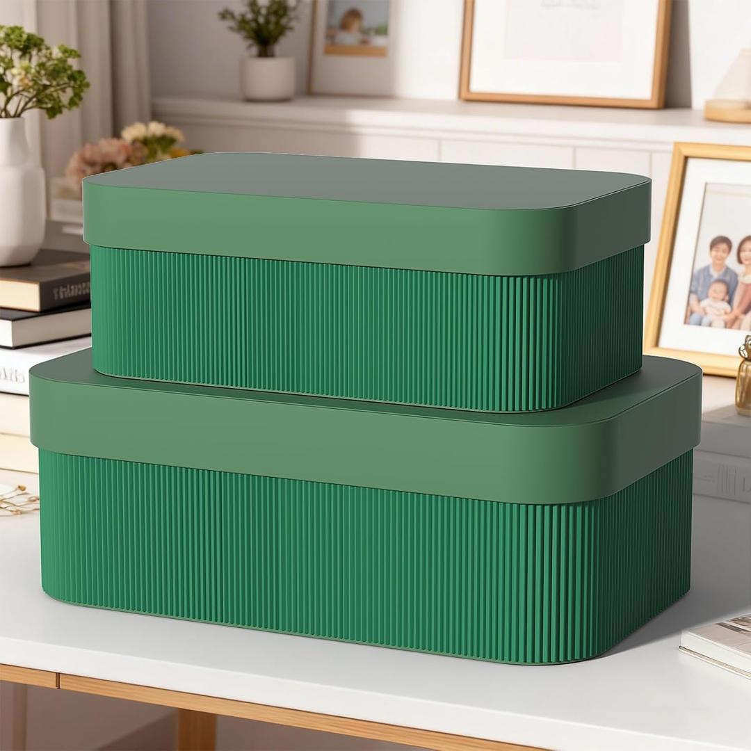 Decorative Storage Boxes with Lid - Multi-Purpose Cardboard Organizer Bins for Your Home Decor, Set of 2 Decorative Containers Organizer Box Store Your Picture, Documents, Memory Box Keepsakes (Green)