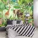 -Green Rainforest Plants Animals Tiger Cloth Wallpaper Jungle Plants Banana Leaves Boys Girls Kindergarten Children's Room Large Mural- 137"x96" not Peel and Stick