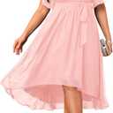Plus Size Dresses Wedding Guest - Formal Cocktail Chiffon V Neck Short Sleeve High Low Dress Curvy Women (Pink)