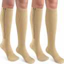 CASMON 2 Pairs Zipper Compression Socks for Women & Men,15-20 mmHg Closed Toe Knee High Support Sock for Varicose Vein Edema (XX-Large, Beige)