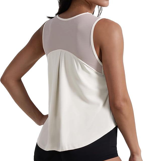 Clbort Women's Workout Tank Tops - Mesh Back Sleeveless Shirts, 4-Way Stretch Loose Fit Athletic Tops for Gym Yoga Running White, Small