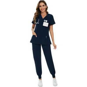COZYFIT Scrubs for Women Set - Stretch V-Neck Scrub Top & Jogger Pant with 8 Pockets (Large, Navy Blue)