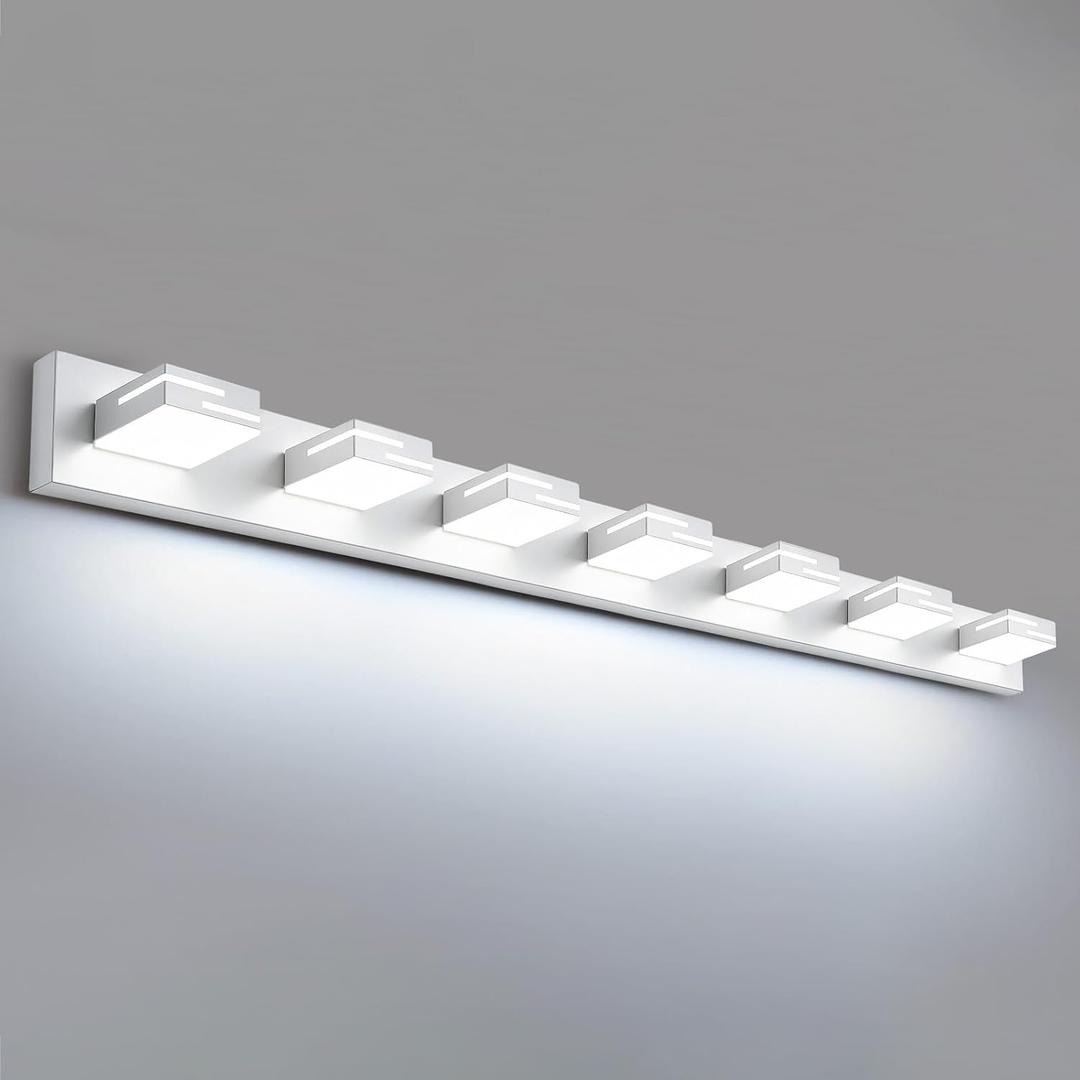 LED Modern Bathroom Vanity Light Fixtures, Dimmable White Vanity Lights for Bathroom Lighting Fixtures Over Mirror, with 360° Rotatable Acrylic Heads 7-Light 48-inch (Cool White 6000K)