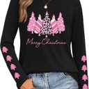 Christmas Shirts for Women Merry Christmas Letter Long Sleeve Print Pullover Xmas Tree Graphic Tshirt Winter Casual Top (Small, Black)