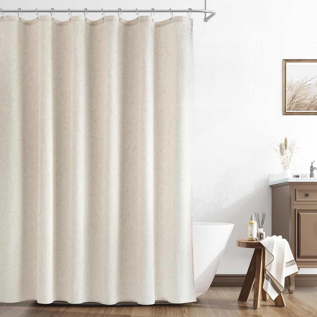 Naturoom Natural Linen Shower Curtain, Country Boho Farmhouse Bath Decor Beige Shower Curtains for Bathroom Neutral Cloth Weighted Textured Fabric Bath Curtain Liner with Hooks, Cream, 72 Inch