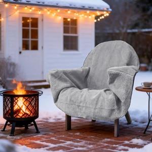 Reversible Sherpa Chair Cover Blanket with Waterproof 300D Oxford Back, Adjustable Drawstring, Non-Slip Design, Fits Chairs up to 23" – Ideal for Winter Home & Patio Use (Gray)
