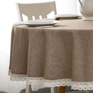 EHouseHome Faux Linen Tablecloth with Lace Trim - Waterproof/Spill Proof/Stain Resistant/Wrinkle Free/Oil Proof - for Banquet, Parties, Dinner, Kitchen, Wedding, Coffee ,Holiday, Flax, Round 60Inch