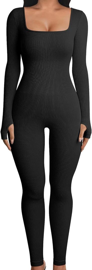 OQQ Women Long Sleeve Yoga Jumpsuits Workout Ribbed Bodysuits Pants Sexy One Piece (Large, Black)