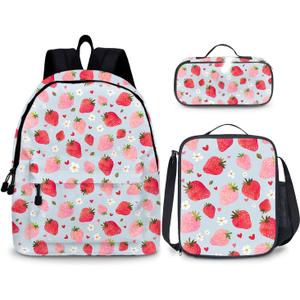 Strawberry Kids Backpack for School Boys, 3PCS Teen Boy Backpack with Lunch Box & Pencil Pouch Set, Shoulders Travel Daypack Lightweight School Bag Bookbag Set for Kindergarten Primary Middle School