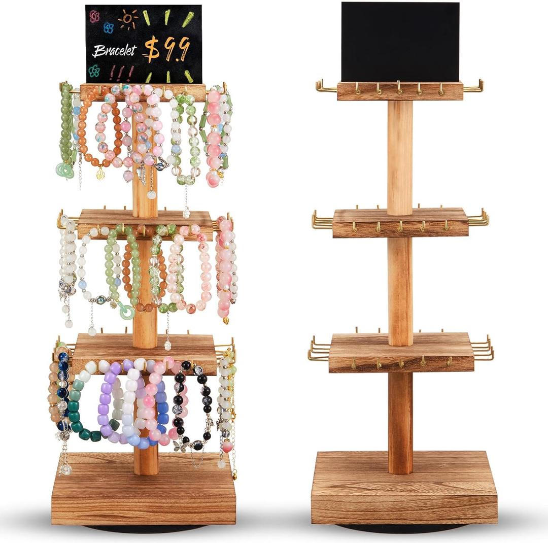 2 Pcs Bracelet Holder 3 Tier Wooden 360 Rotating Jewelry Holder Organzier with 36 Hooks, Tree Stand Vendor Booth Display with Advertising Board for Vendors(Natural Color,Square)
