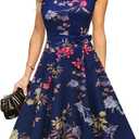 DRESSTELLS Coctail Dresses for Women 2026 Floral Formal Spring Summer Wedding Guest Easter Garden Party Fit Flare Midi Evening Dress Print Navy Flower, Small