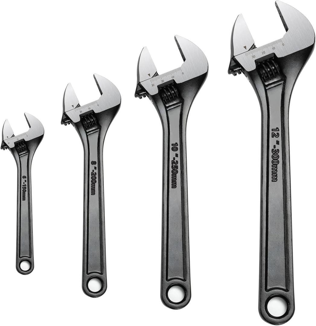 4 Pcs Adjustable CR-V Wrench Set, 6, 8, 10, 12 Inch Wrenches, Chrome Vanadium Steel, Wide Jaw Black Oxide Finish Craftsman Adjustable Wrench