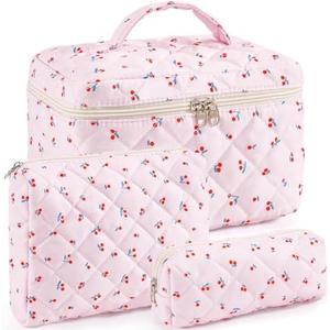 UUYUUY Makeup Bag for Women 3PCS Quilted Cotton Make Up Bag Travel Cosmetic Bag Large Makeup Bag Set Cute Makeups Organizer Floral Toiletry Pouch for Purse, Mini Cherry