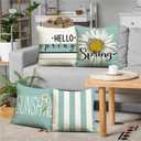 Spring Pillow Covers 18x18 Floral Daisy Hello Spring Decorations Teal Striped Throw Pillow Covers Sunshine Farmhouse Cushion Case for Sofa Couch Set of 4
