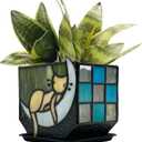 Tiffany Stained Glass Fun Moon Sleeping Cat Planter，Cactus Planter，Cute Planters for Indoor Plants,Decorative Flower Pots As Gifts for Cat Lovers，4.6x3x5.15 in